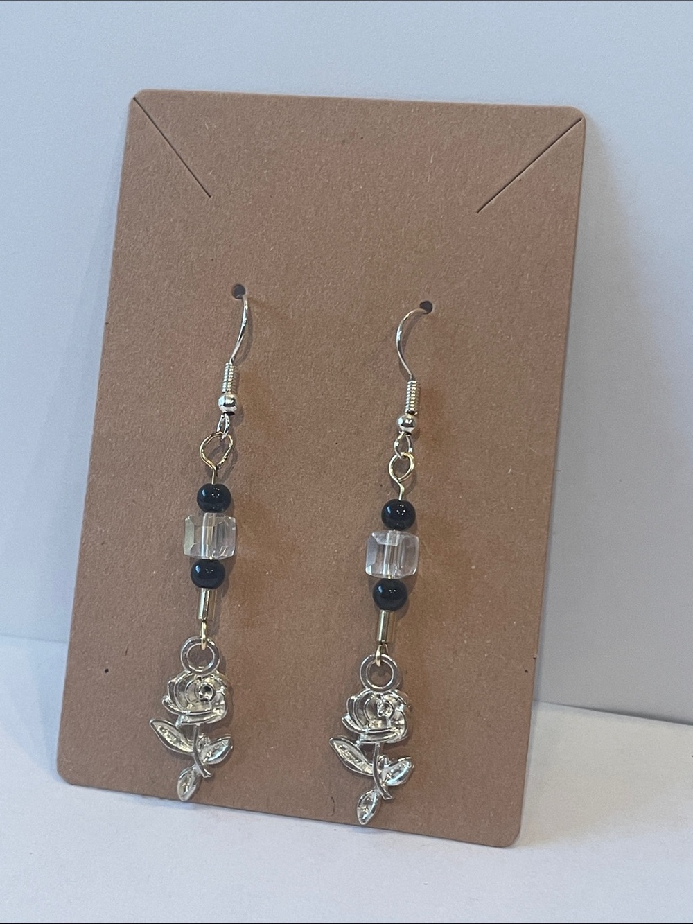 Silver Rose Dangle Earrings with Black and Clear Beads